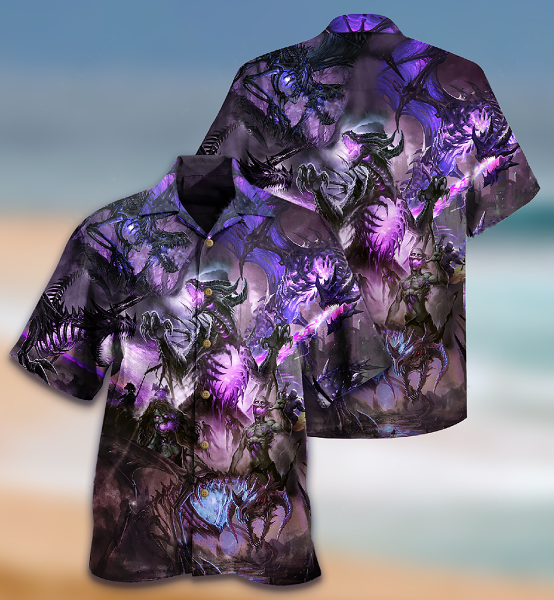 Purple Dragon Skull Hawaiian Shirt Artwork Detail For Resort Trips And Outdoor Activities
