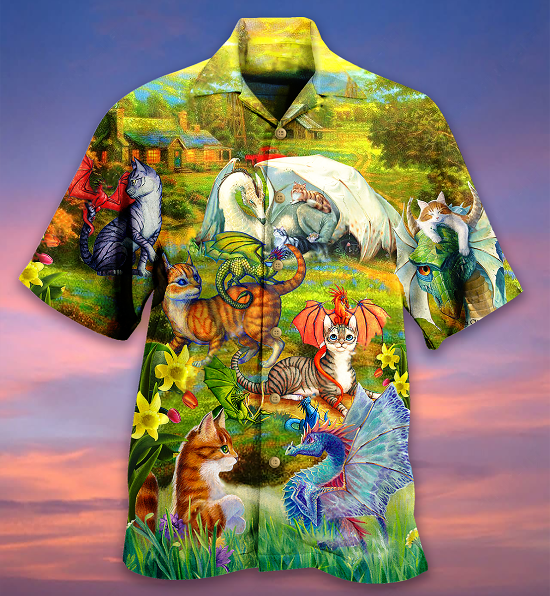 Dragon Cats Beautiful Nature Hawaiian Shirt Artwork Detail For Resort Trips And Outdoor Activities