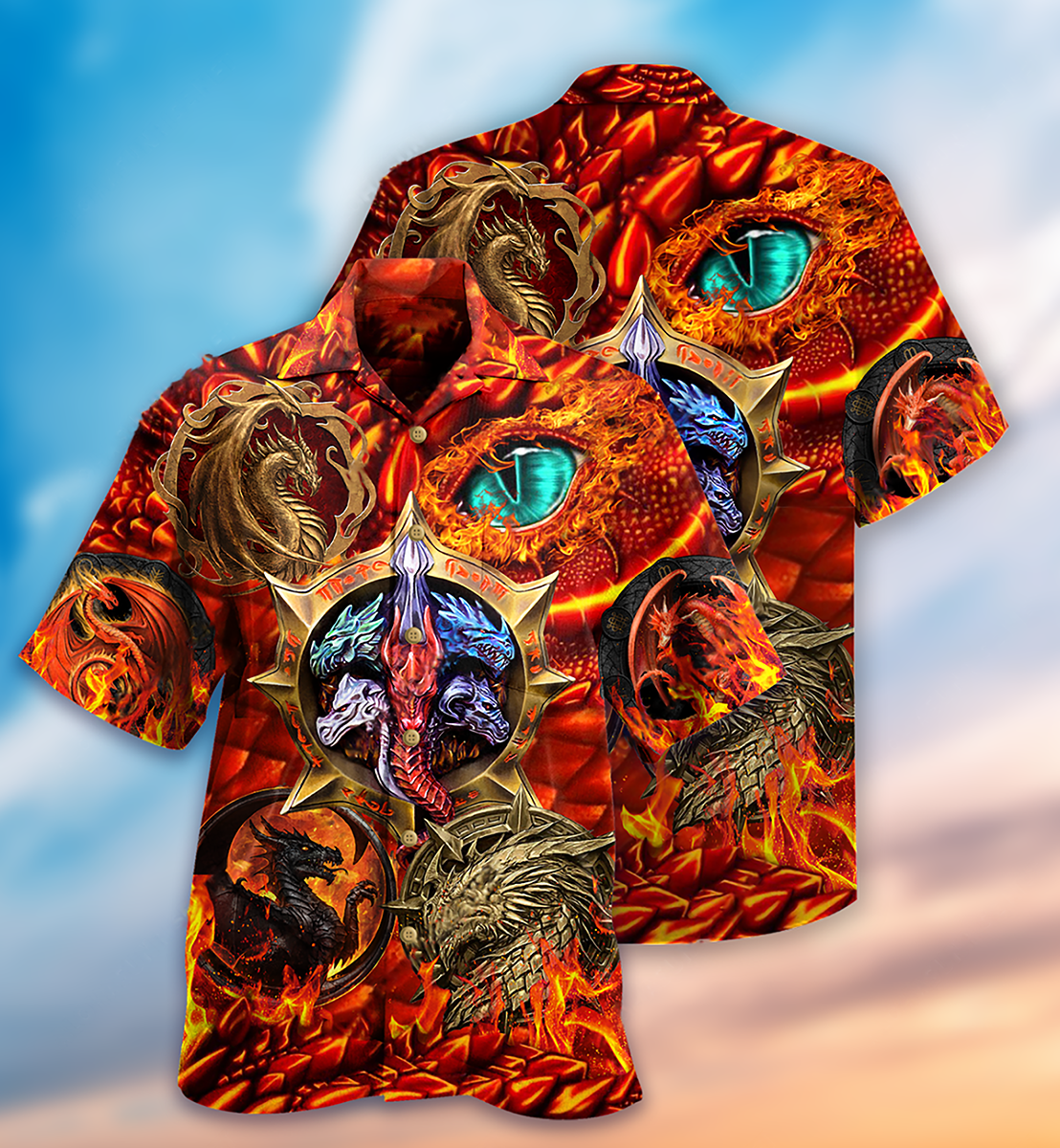 Vintage Dragon Fire Hawaiian Shirt Design Detail For Beach Days And Holiday Travel