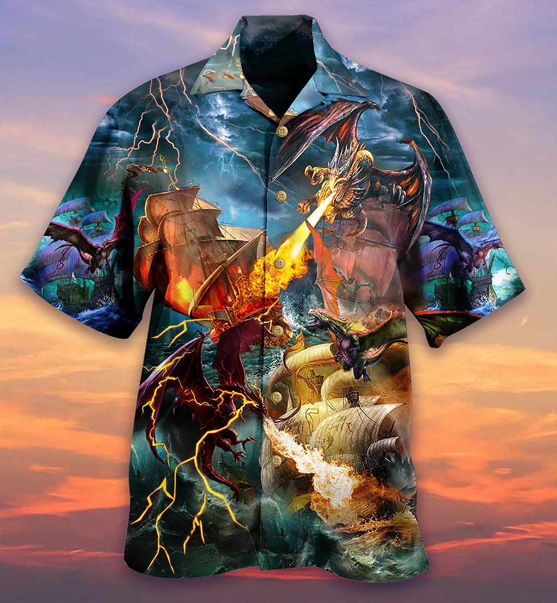 Dragon Fight Nautical Pirate Ship Hawaiian Shirt Pattern View For Relaxed Warm Weather Outfits