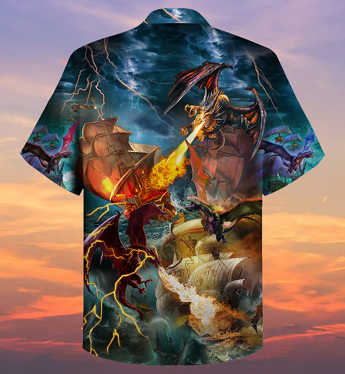 Dragon Fight Nautical Pirate Ship Hawaiian Shirt Artwork Detail For Resort Trips And Outdoor Activities