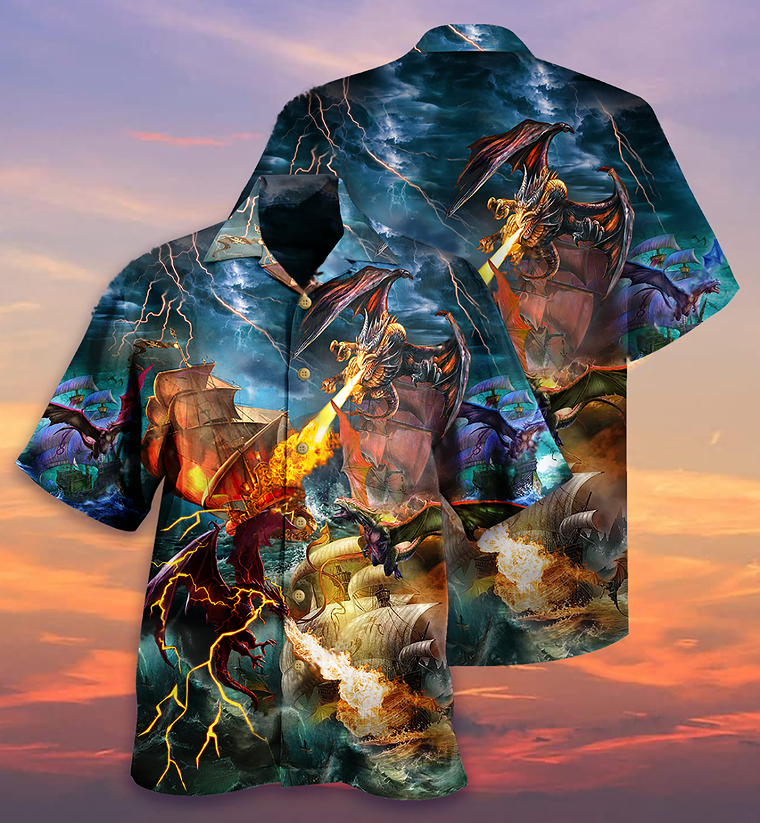 Dragon Fight Nautical Pirate Ship Hawaiian Shirt Design View For Casual Summer Styling