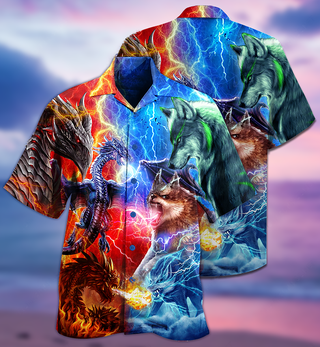 Dragon Wolf Fighting Hawaiian Shirt Pattern Detail For Vacation Travel And Daily Wear