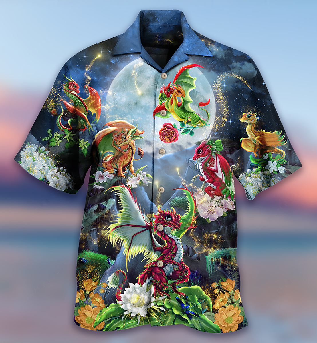 Floral Dragon Moon Hawaiian Shirt Artwork View For Weekend Travel And Beach Style