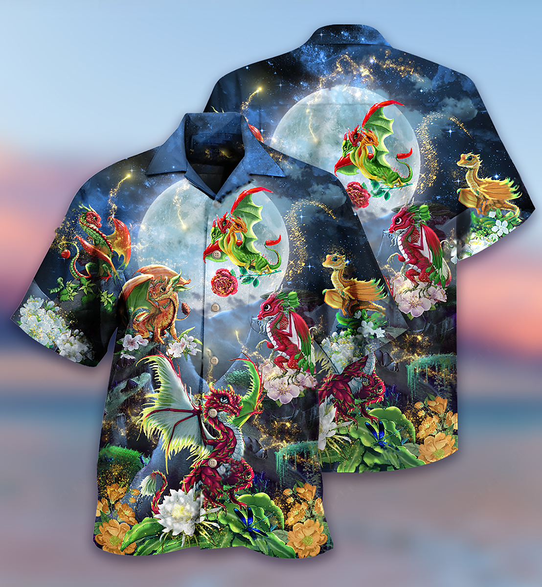 Floral Dragon Moon Hawaiian Shirt Design Detail For Sunny Adventures And Casual Wear
