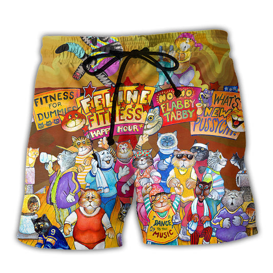 Cat Aerobics Instructor Fun Beach Shorts Artwork Detail For Animal Lover Gift Giving