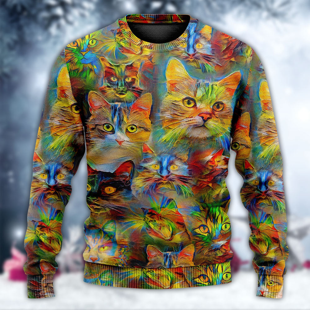 Colorful Cat Painting Sweater For Outdoor Activities Weekend Trips And Relaxed Everyday Outfits