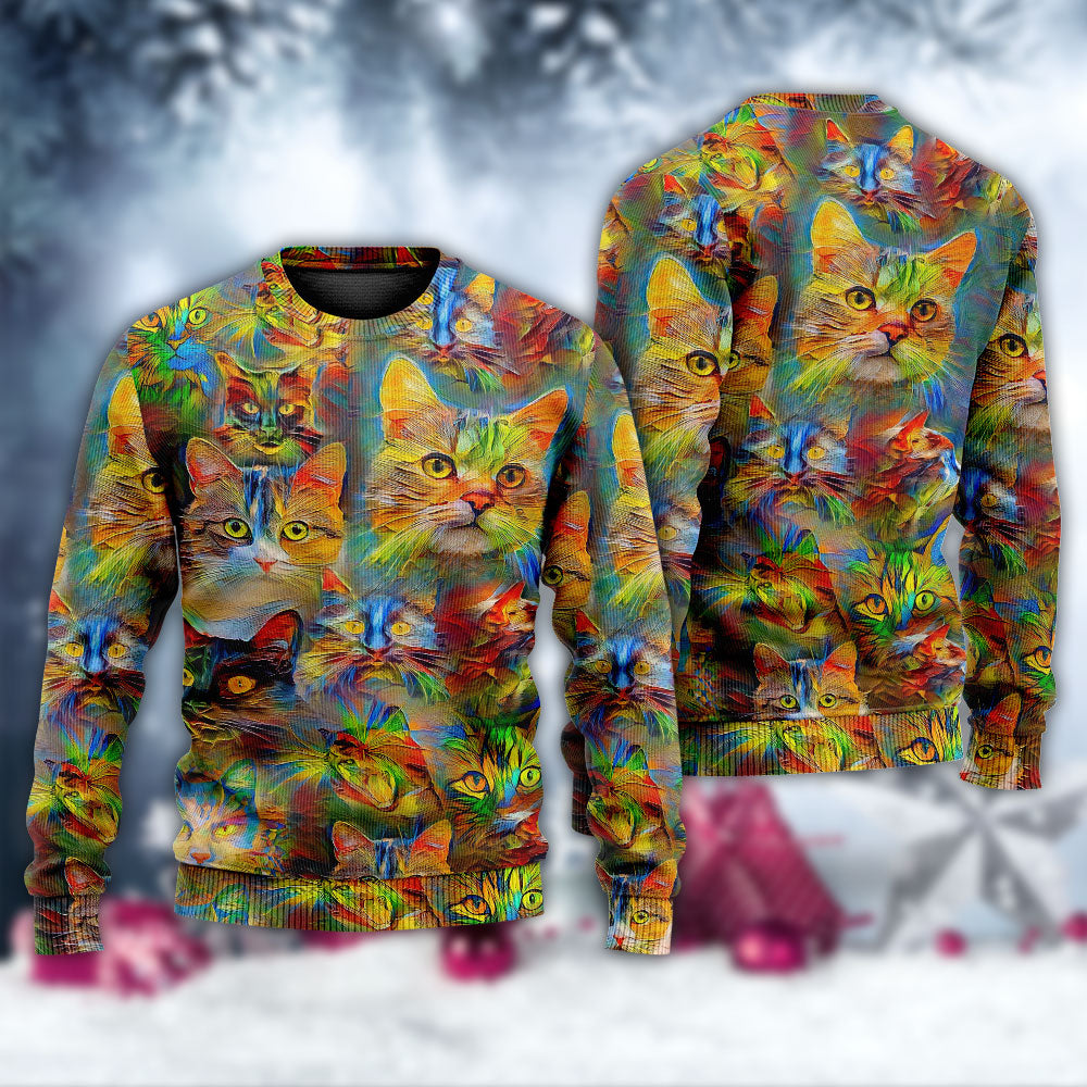 Colorful Cat Painting Sweater For Outdoor Activities Weekend Trips And Relaxed Everyday Outfits