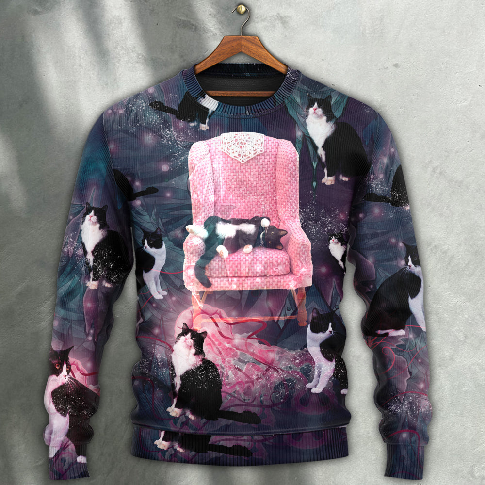 Cat On Pink Chair Sweater For Nature Inspired Fashion Events And Relaxed Everyday Comfort