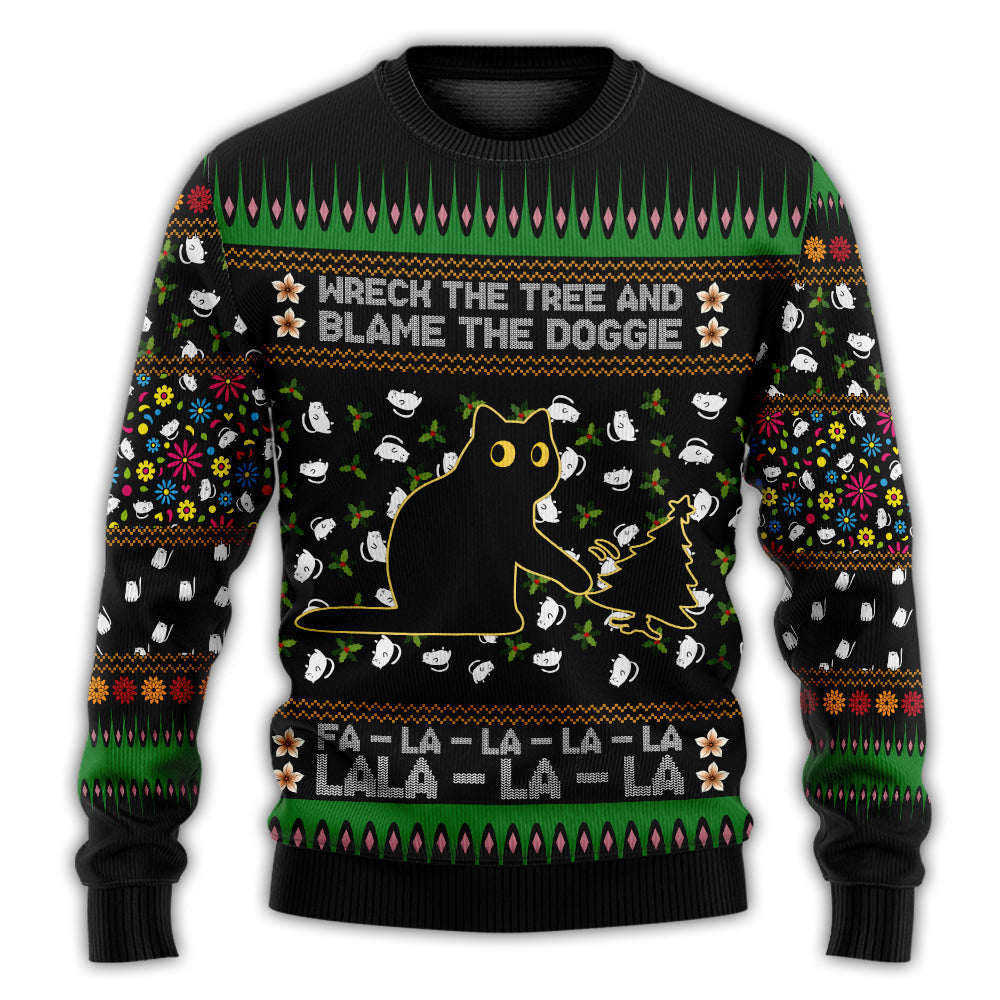 Black Cat Tree Mishap Funny Christmas Sweater For Festive Family Events Casual Wear And Holiday Gift Giving