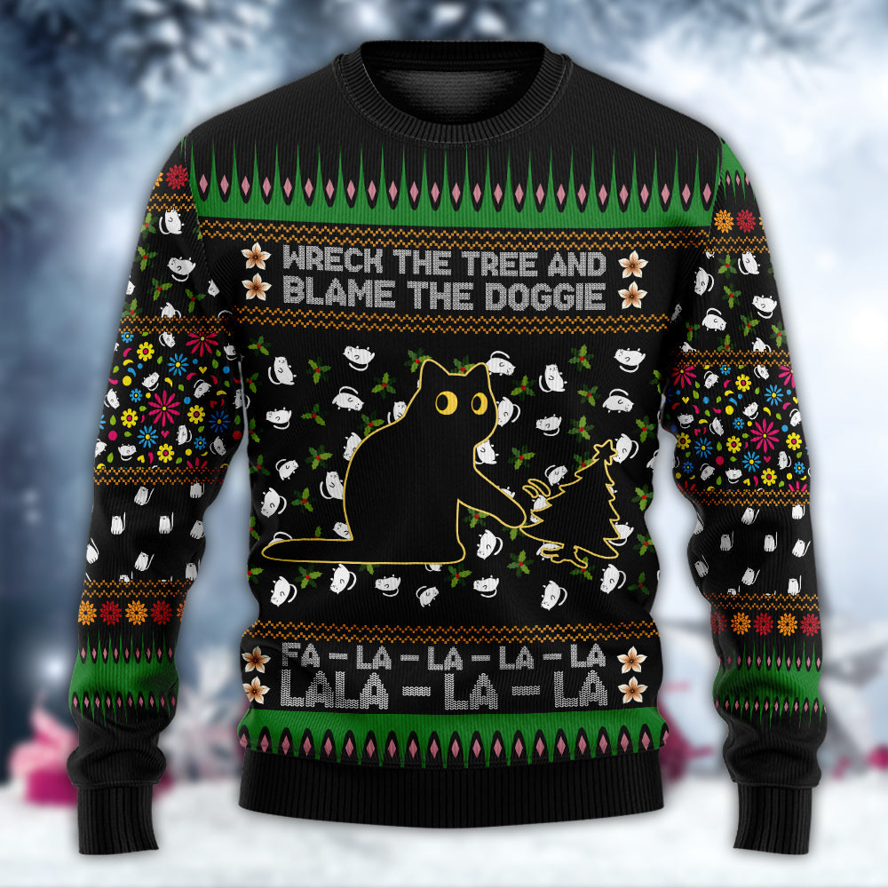 Black Cat Tree Mishap Funny Christmas Sweater For Festive Family Events Casual Wear And Holiday Gift Giving
