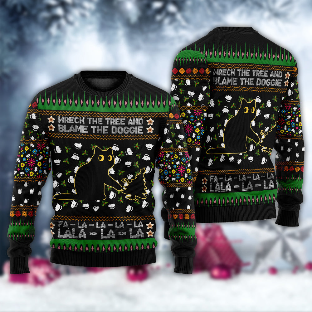 Black Cat Tree Mishap Funny Christmas Sweater For Festive Family Events Casual Wear And Holiday Gift Giving