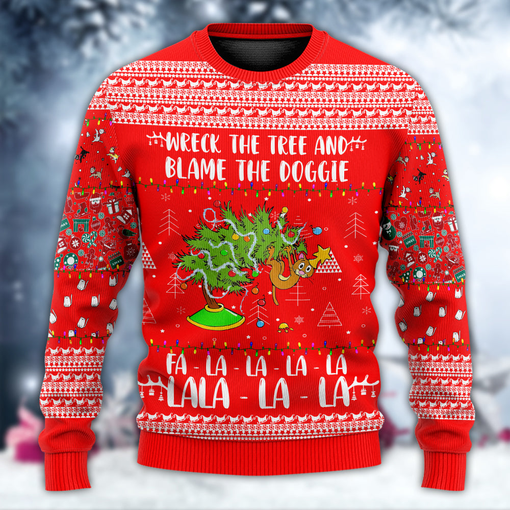 Cat Wrecks Tree Christmas Red Sweater For Family Gatherings Winter Travel And Everyday Seasonal Comfort