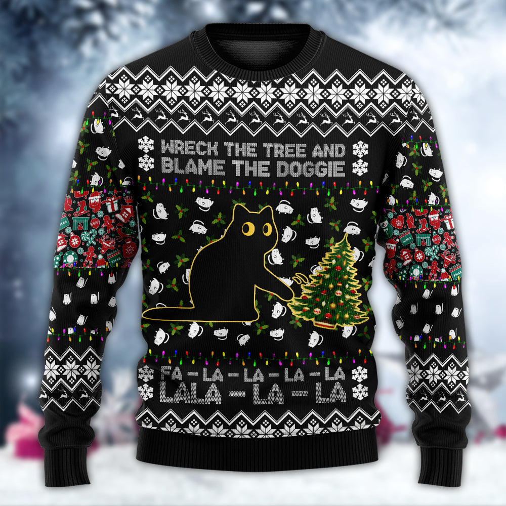 Black Cat Wrecks Tree Funny Christmas Sweater For Family Gatherings Winter Travel And Everyday Seasonal Comfort