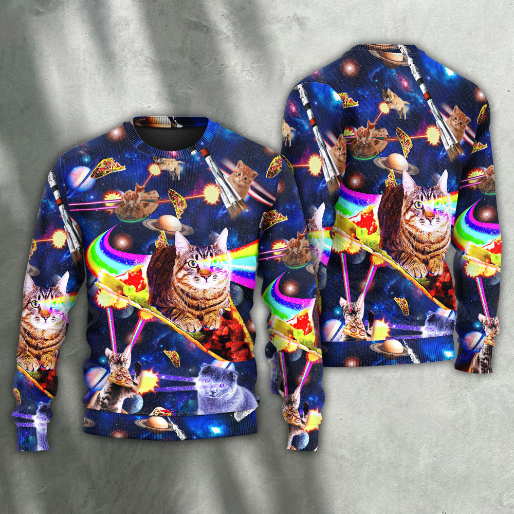 Space Cat Riding Food Galaxy Sweater For Nature Inspired Fashion Events And Relaxed Everyday Comfort