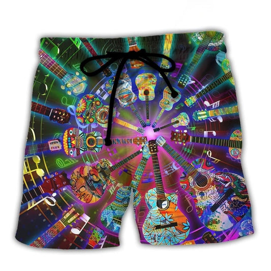 Hippie Guitar Colorful Music Beach Shorts Pattern Detail For Relaxed Warm Weather Outfits