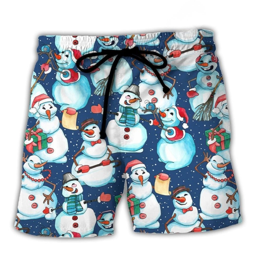 Happy Snowman Christmas Joy Beach Shorts Pattern View For Resort Days And Outdoor Activities