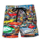 Retro Car Guitar Palm Trees Beach Shorts Artwork Detail For Comfortable Everyday Summer Wear