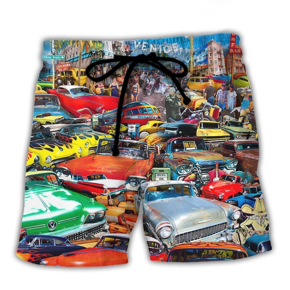 Retro Car Guitar Palm Trees Beach Shorts Artwork Detail For Comfortable Everyday Summer Wear