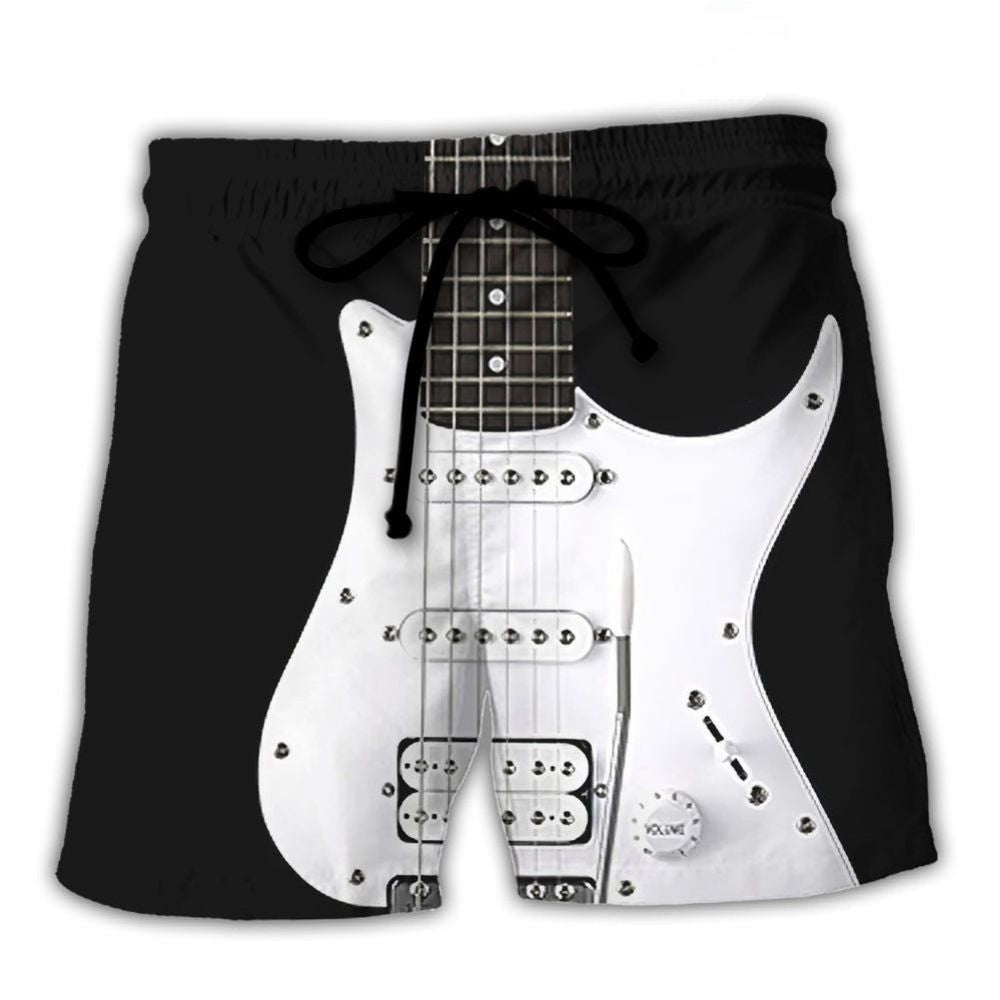 Black Electric Guitar Beach Shorts Design Detail For Casual Warm Weather Outfits