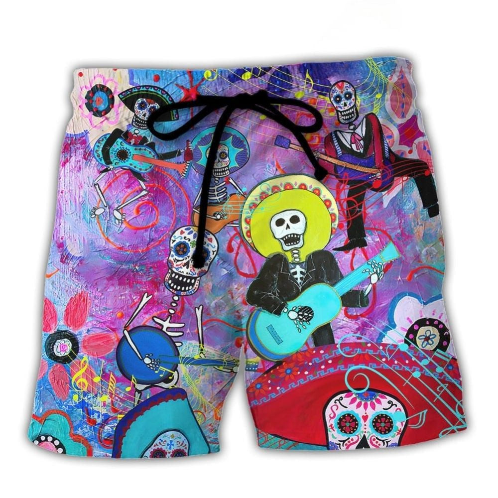 Guitar Sugar Skull Beach Shorts For Summer Vacation And Coastal Travel