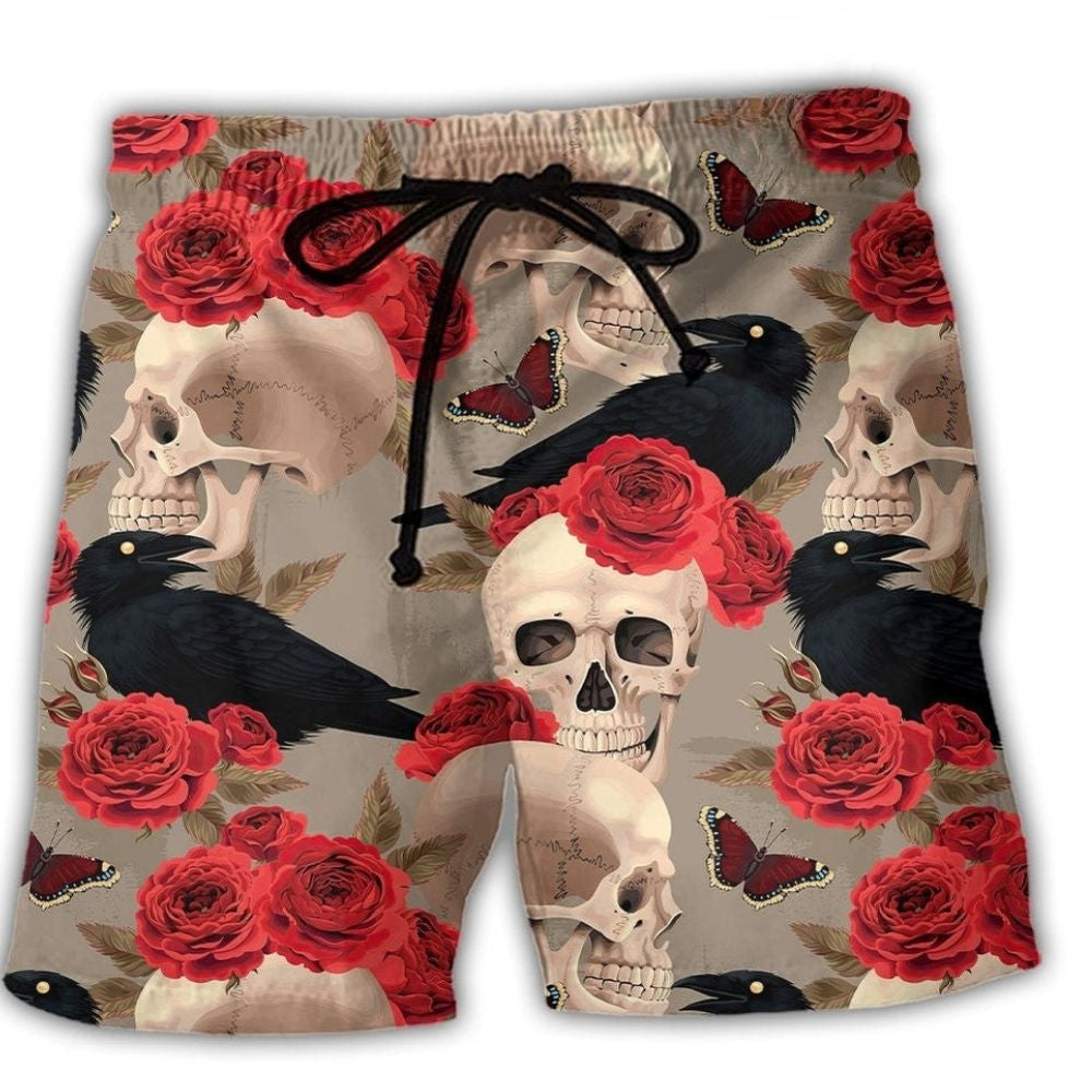Gothic Skull With Rose And Raven Beach Shorts Design Detail For Casual Warm Weather Outfits