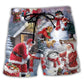Santa Builds Snowman Gift Beach Shorts Design View For Poolside Relaxation And Holiday Trips