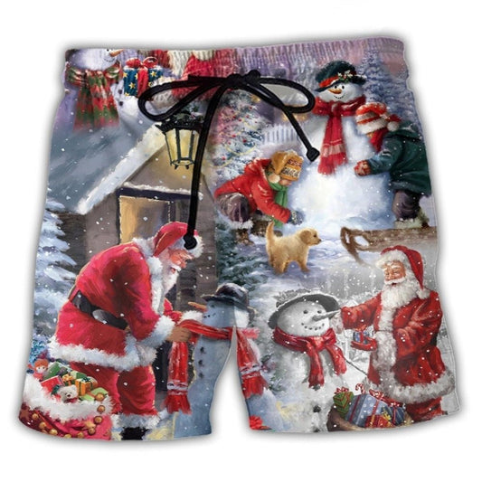 Santa Builds Snowman Gift Beach Shorts Design View For Poolside Relaxation And Holiday Trips