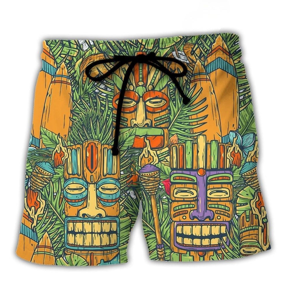 Tiki Mask Surf Palm Tropical Beach Shorts Pattern Detail For Sunny Outdoor Activities