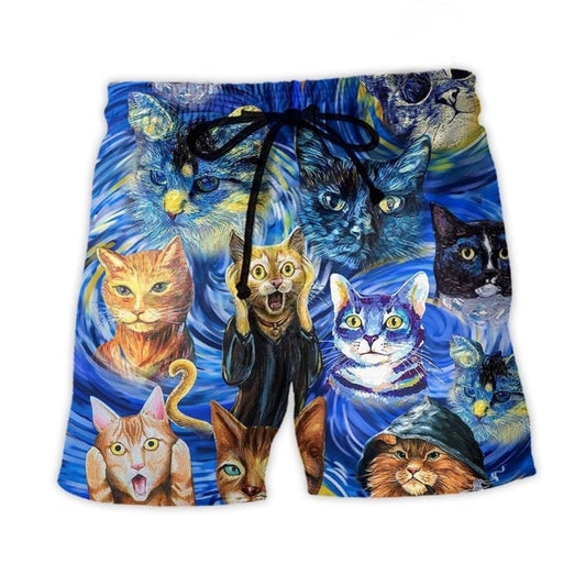Funny Cat Starry Night Painting Beach Shorts For Tropical Getaways And Weekend Adventures
