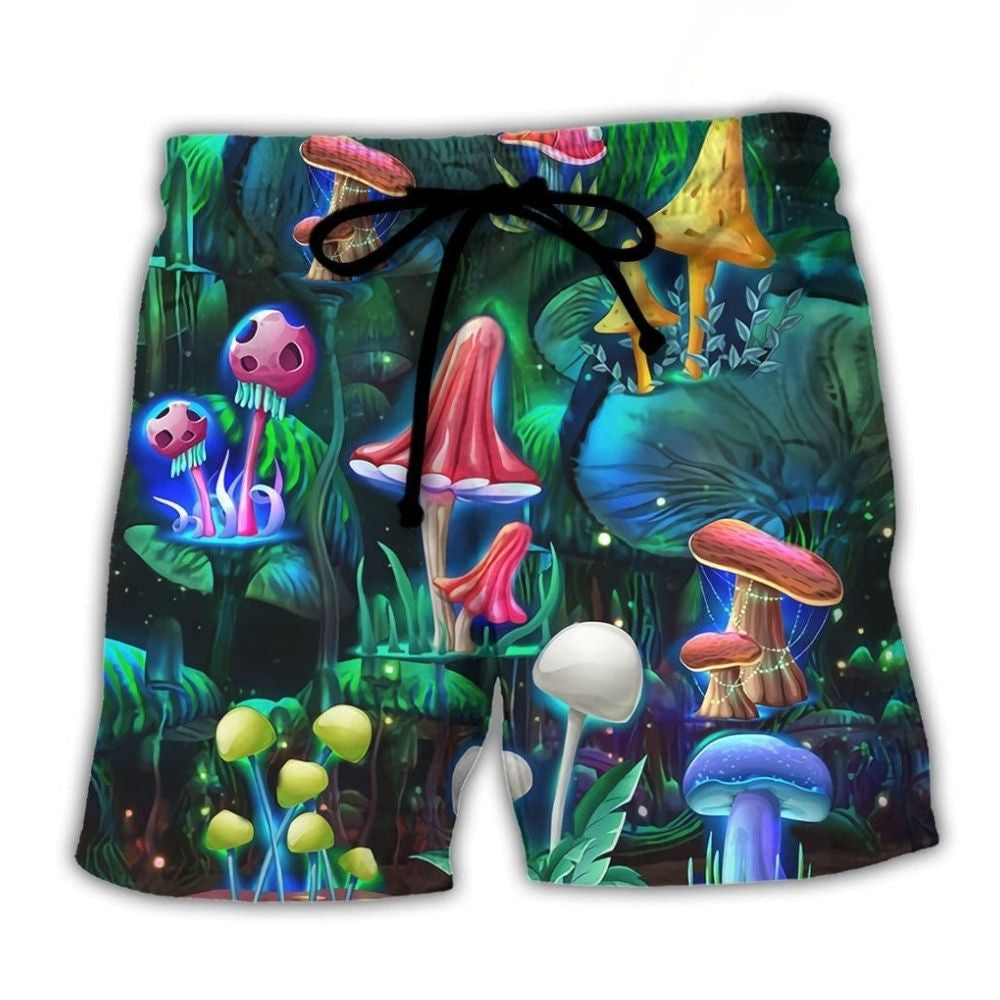 Hippie Mushroom Galaxy Neon Beach Shorts Artwork Detail For Comfortable Everyday Summer Wear