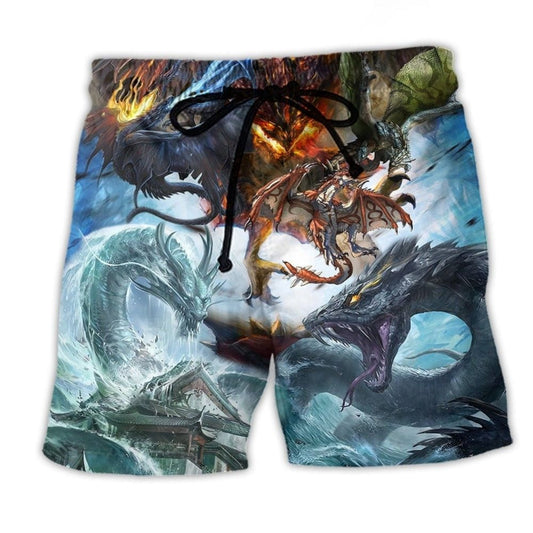 Dragon Battle Of Gods Fantasy Beach Shorts For Beach Trips And Relaxed Vacation Styling
