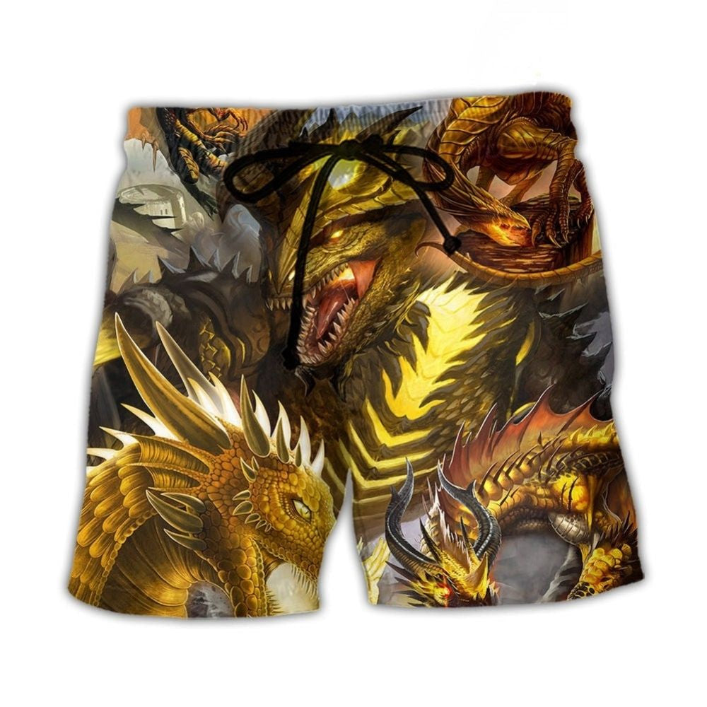 Gold Dragon Skull Fantasy Fight Beach Shorts Pattern View For Resort Days And Outdoor Activities