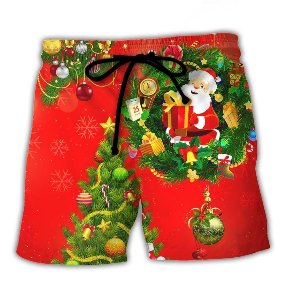 Red Christmas Tree Beach Shorts Design View For Poolside Relaxation And Holiday Trips