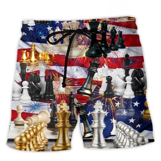 Chess And Fireworks Celebration Beach Shorts For Tropical Getaways And Weekend Adventures
