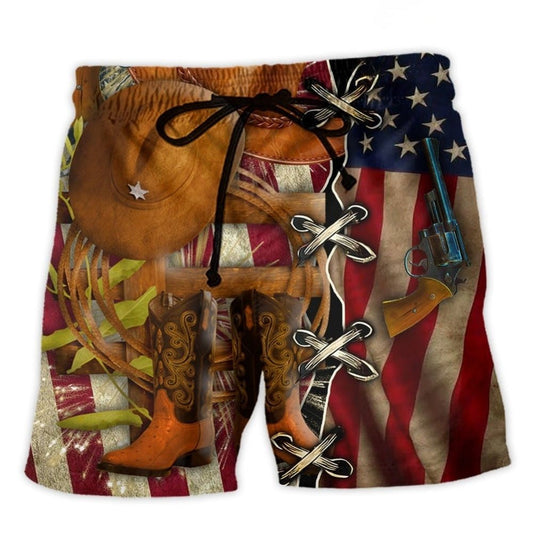 Cowboy Patriotic Independence Day Beach Shorts Design View For Comfortable Resort And Beach Styling