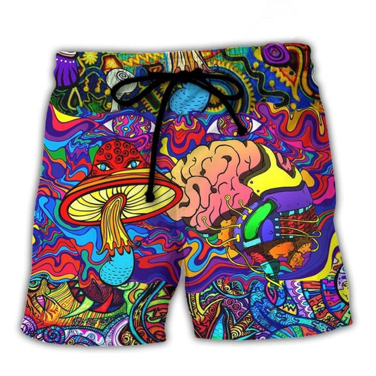 Hippie Mushroom Colorful Lover Beach Shorts Design Detail For Weekend Getaways And Beach Days
