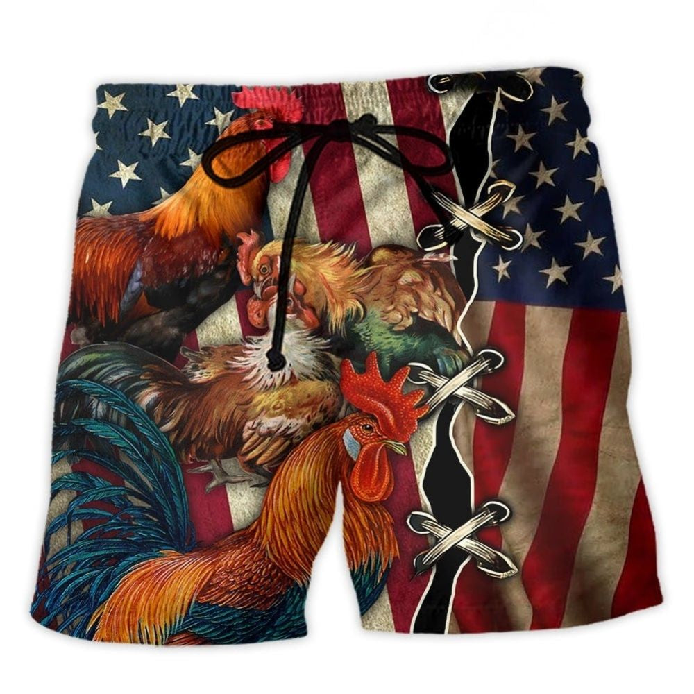 Chicken Independence Day Celebration Beach Shorts Artwork Detail For Comfortable Everyday Summer Wear