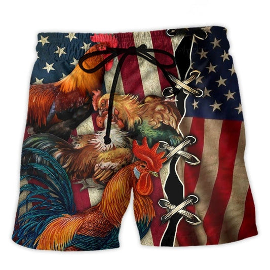 Chicken Independence Day Celebration Beach Shorts Artwork Detail For Comfortable Everyday Summer Wear