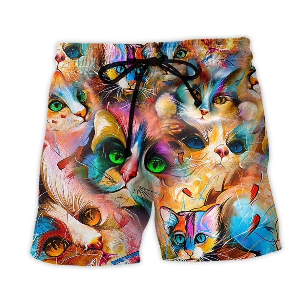 Funny Colorful Cat Mixer Beach Shorts For Sunny Holidays And Comfortable Daily Styling