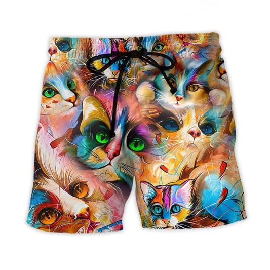 Funny Colorful Cat Mixer Beach Shorts For Sunny Holidays And Comfortable Daily Styling