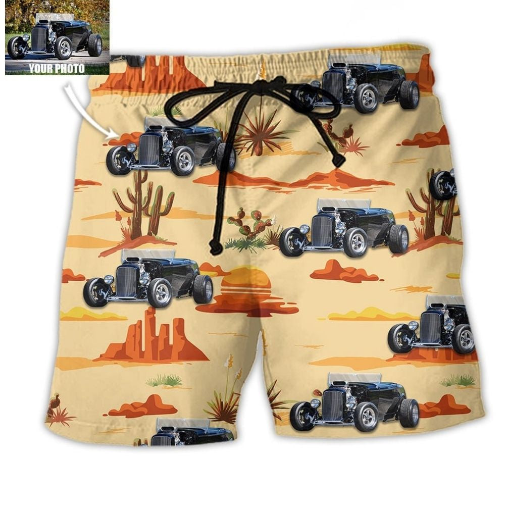 Hot Rod Cowboy Vintage Landscape Personalized Photo Beach Shorts Pattern View For Coastal Holidays And Casual Activities