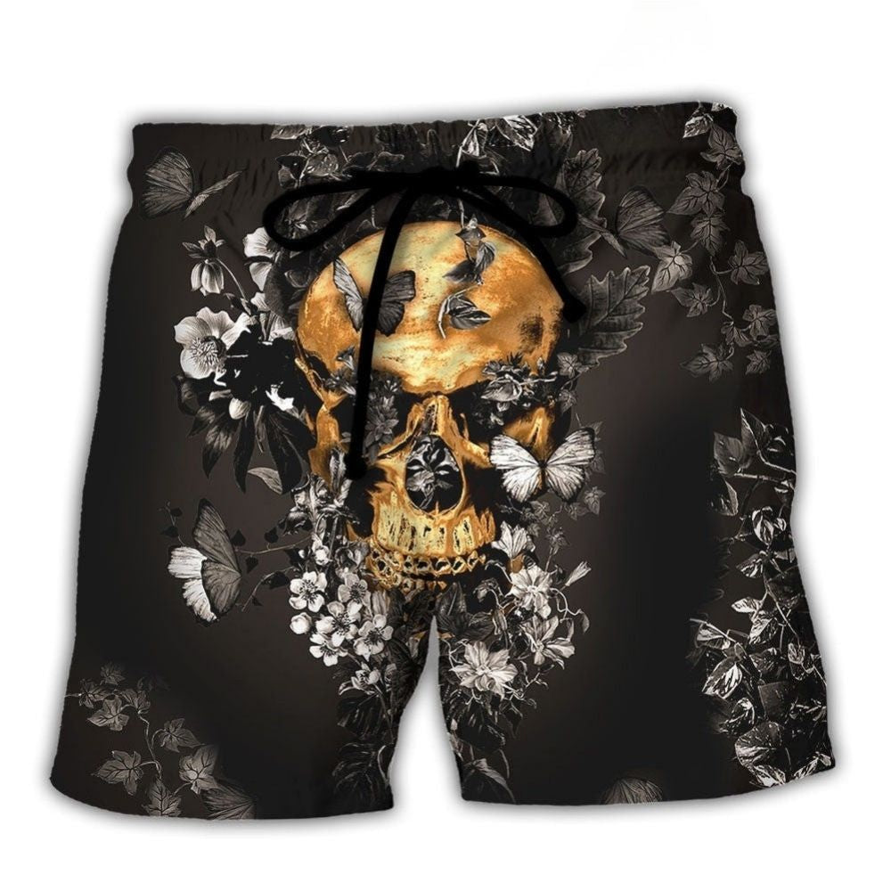 Skull And Flowers Growing From Dark Moments Beach Shorts Design Detail For Casual Warm Weather Outfits