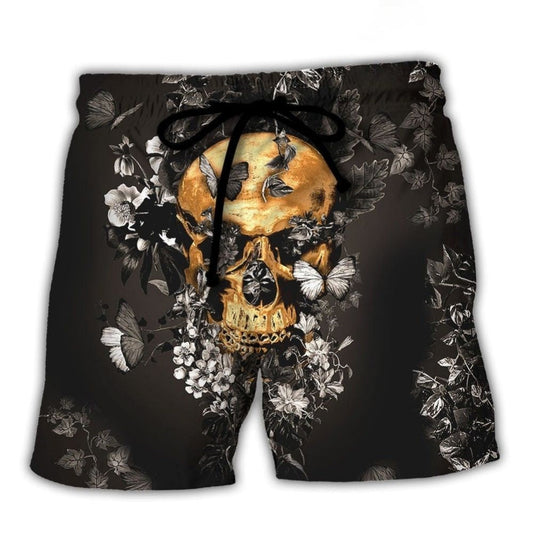 Skull And Flowers Growing From Dark Moments Beach Shorts Design Detail For Casual Warm Weather Outfits