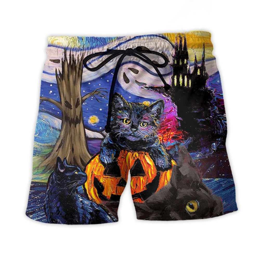 Halloween Black Cat Starry Night Beach Shorts Graphic Detail For Resort Trips And Casual Outings