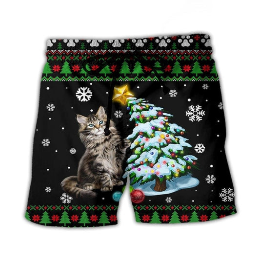 Funny Cat Wrecking Tree Christmas Beach Shorts For Tropical Getaways And Weekend Adventures
