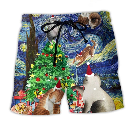 Christmas Cat Playing In Starry Night Beach Shorts Pattern Detail For Relaxed Warm Weather Outfits