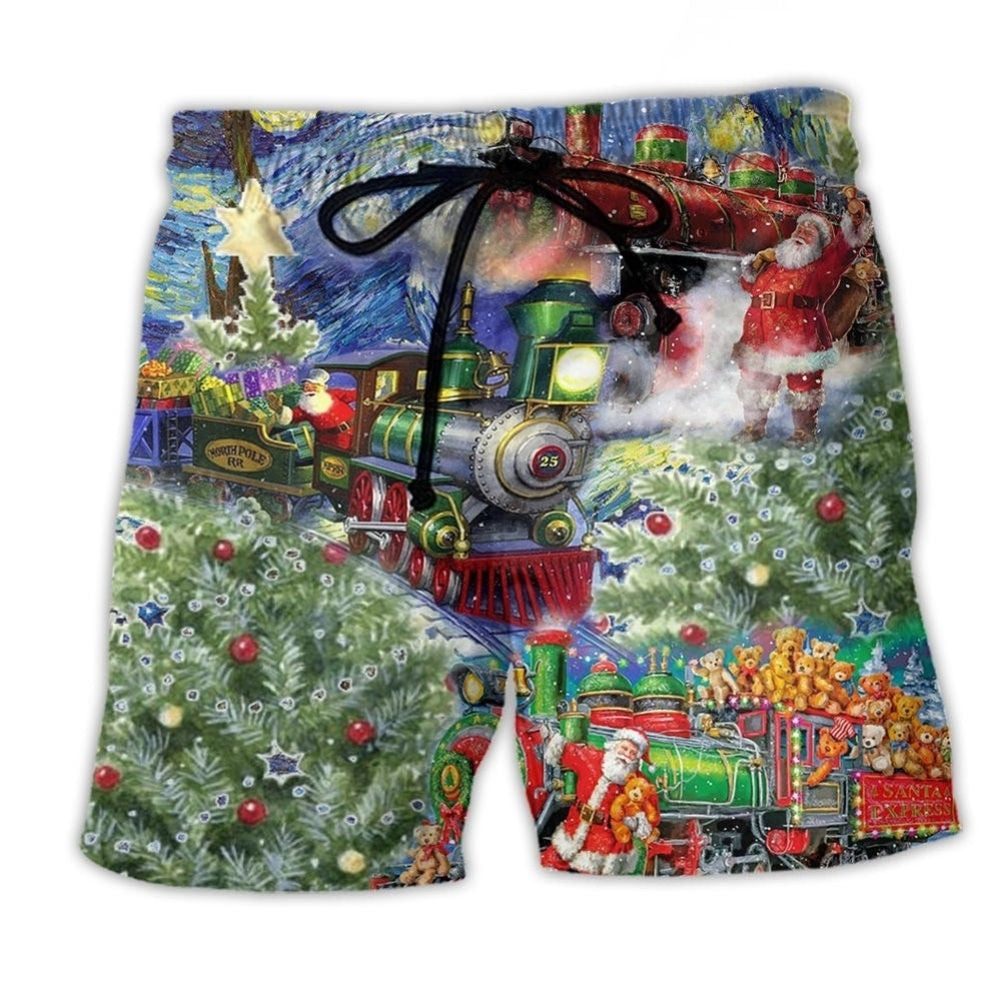 Christmas Gift Train By The Wharf Beach Shorts Print View For Coastal Escapes And Casual Outings