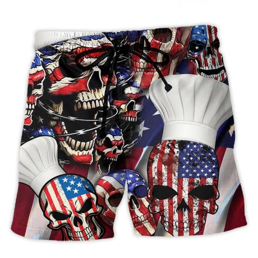 Skull Chef Patriotic Independence Beach Shorts Design View For Summer Events And Coastal Getaways