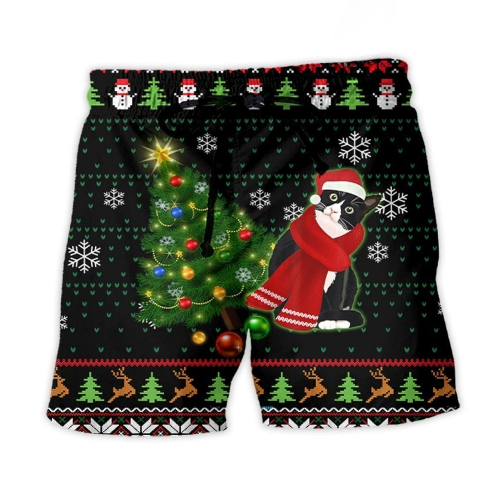 Happy Ugly Cat Christmas Tree Beach Shorts Pattern View For Vacation Travel And Outdoor Fun